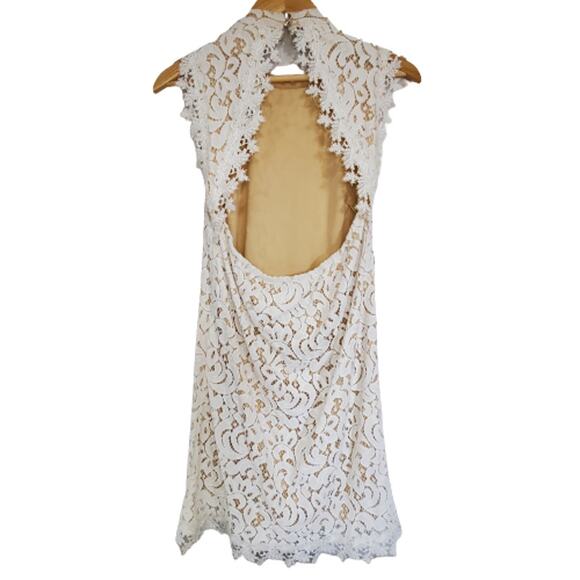 Francesca's White/Tan Crochet High Neck Open Back Dress Small - Picture 2 of 11